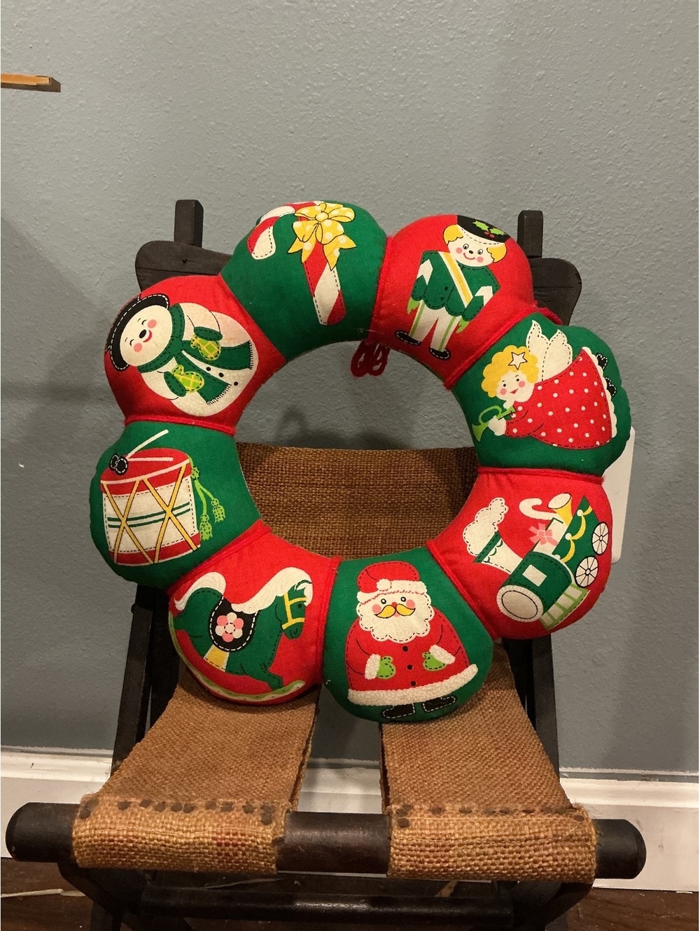 Vintage Handmade Christmas Fabric Wreath with Holiday Characters